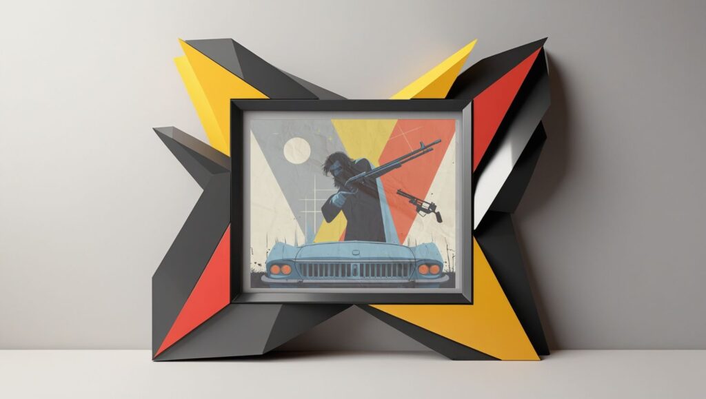 Blue Ruin (2013). Framed artwork depicting a minimalist mid-century style image of a frightened man hiding behind a car with a rifle, representing Blue Ruin's indie revenge story.