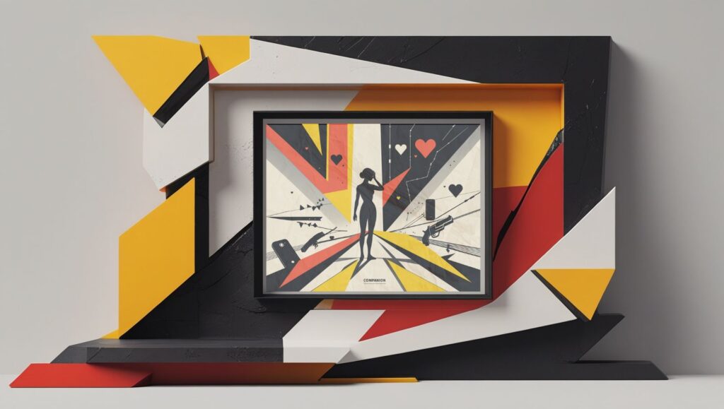 Companion - Framed artwork showing the elongated silhouette of an AI woman torn between two paths, inspired by the movie Companion (2025), styled in 1950s cubist sci-fi art