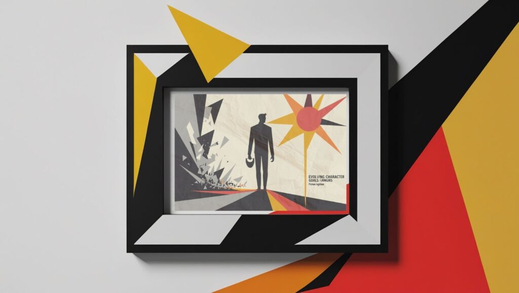 Character goals: framed digital artwork depicting a hero at a crossroads, symbolizing evolving character goals in fiction writing