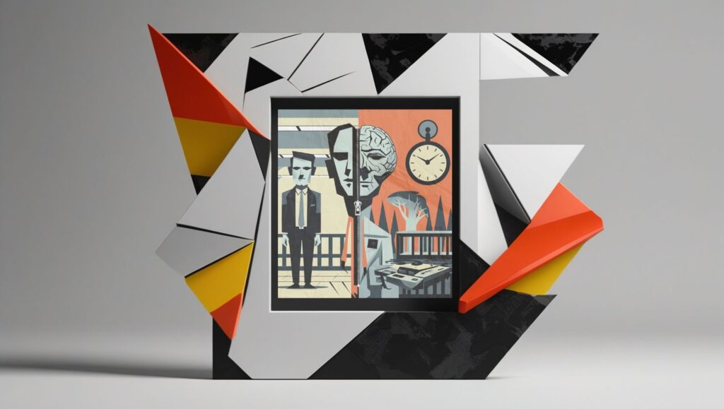 Severance. Framed abstract art of a divided office worker from Severance, symbolizing fractured identities and flawed narrative logic.