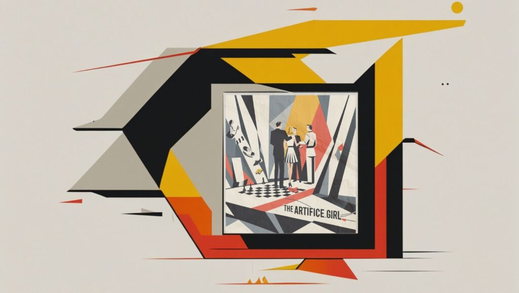The Artifice Girl - Framed stylized cubist artwork of a young humanoid AI girl facing interrogation by shadowy human figures in a geometric spotlight, symbolizing the moral and emotional tension of artificial consciousness.