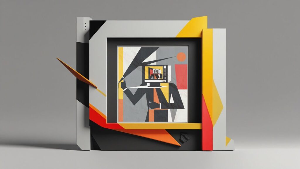 Beyond The Infinite Two Minutes. Framed digital artwork depicting an abstract cubist-style image of a writer watching his future self on a screen, surrounded by angular clocks and time loops in fiery Fiction Ignition colors.