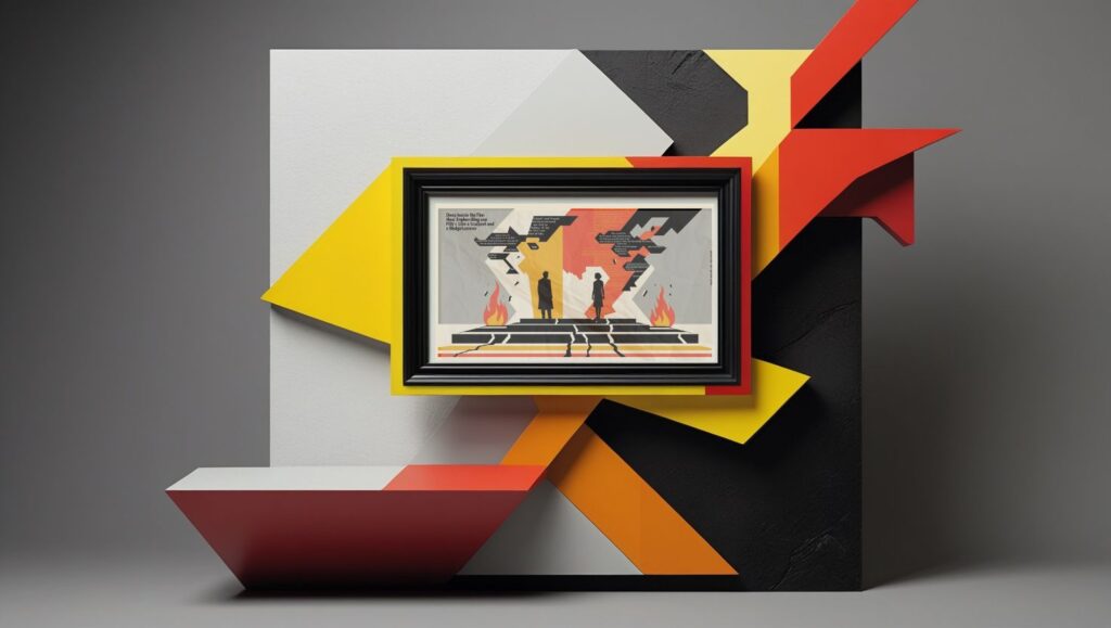 Third-person omniscient POV. Stephen King. Framed digital artwork showing an abstract mid-century image depicting two silhouetted figures—Tom in shadow, Beverly in fractured light—on a cracked stage with flames and distorted thought clouds; visual metaphor for third-person limited omniscient POV in Stephen King’s fiction.